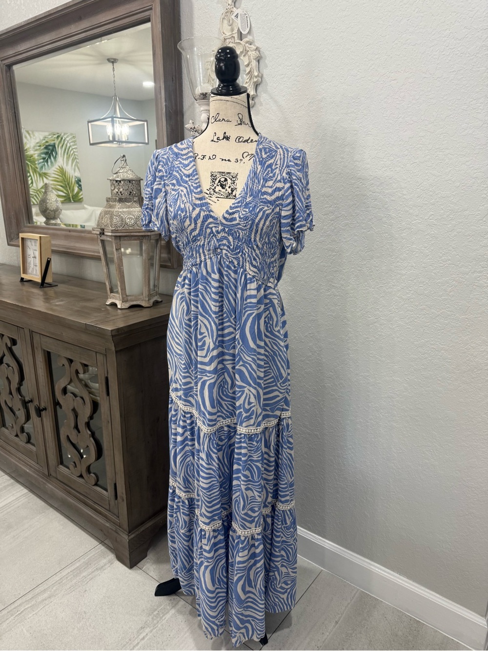 Westbound Blue & White Zebra Print Smocked Maxi Dress Size M